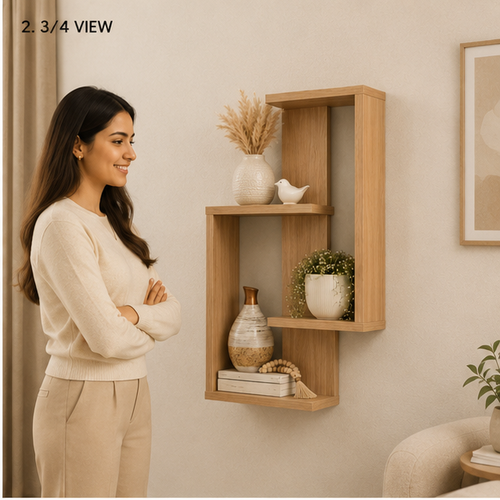 Geometric wooden wall mounted floating display shelf by Right Work Interior – view 2