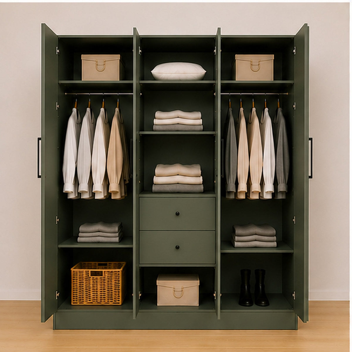 Three door wardrobe interior view with hanging rods, shelves and drawers – spacious storage wardrobe Bangalore