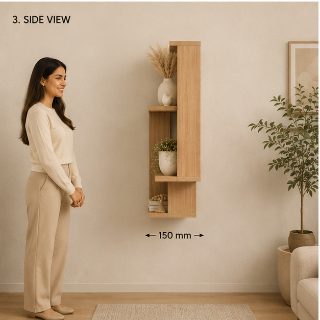 Geometric wooden wall mounted floating display shelf by Right Work Interior – view 3