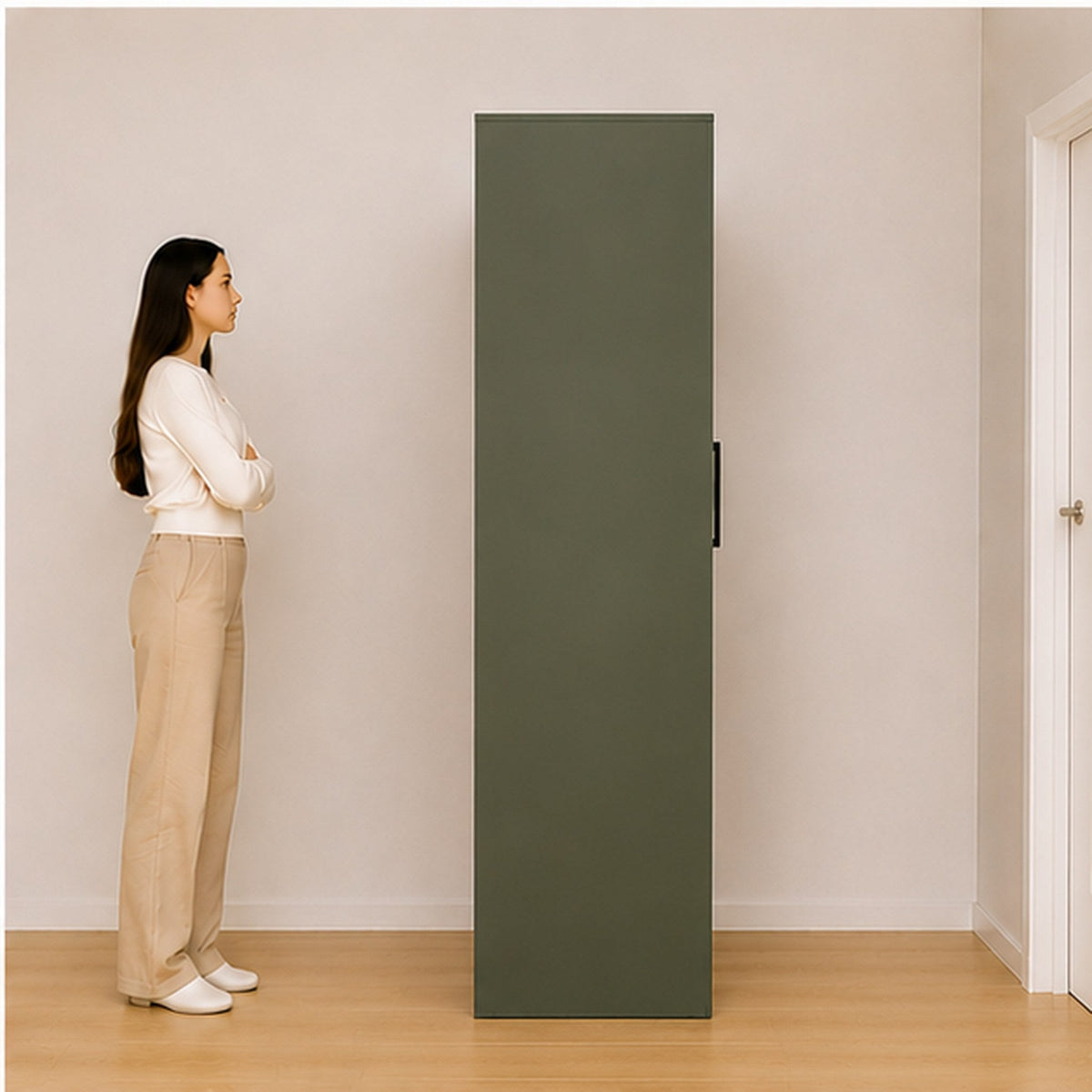 Side view of three door wardrobe with black handle – modern wardrobe design Bangalore