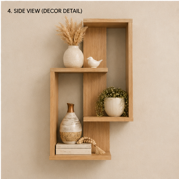 Geometric wooden wall mounted floating display shelf by Right Work Interior – view 8