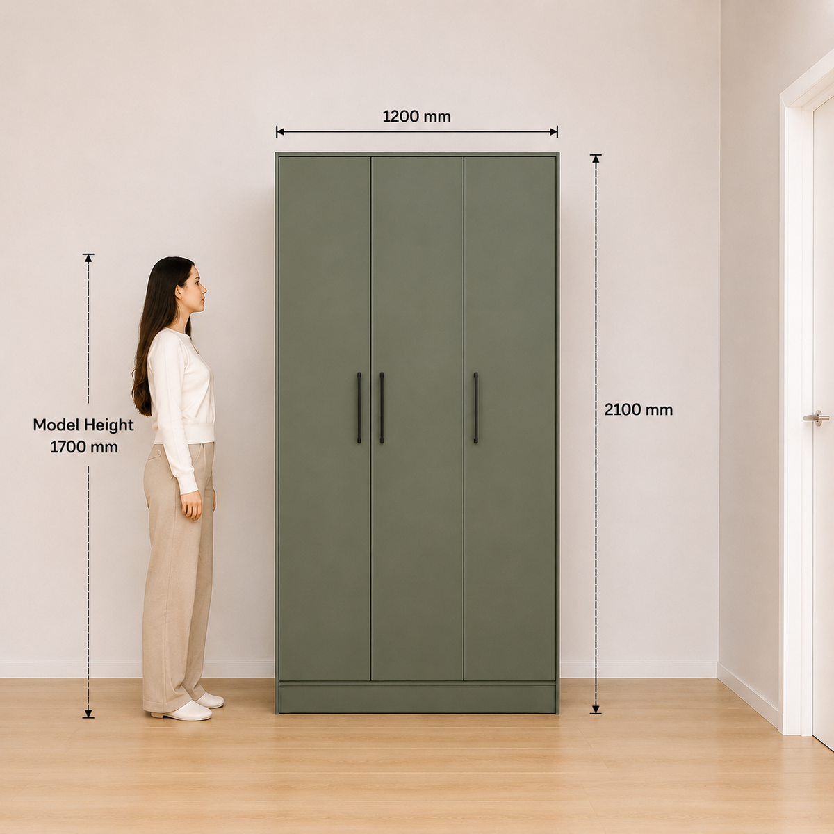 Three door wardrobe with dimensions 1200mm width and 2100mm height – buy modern wardrobe in Bangalore