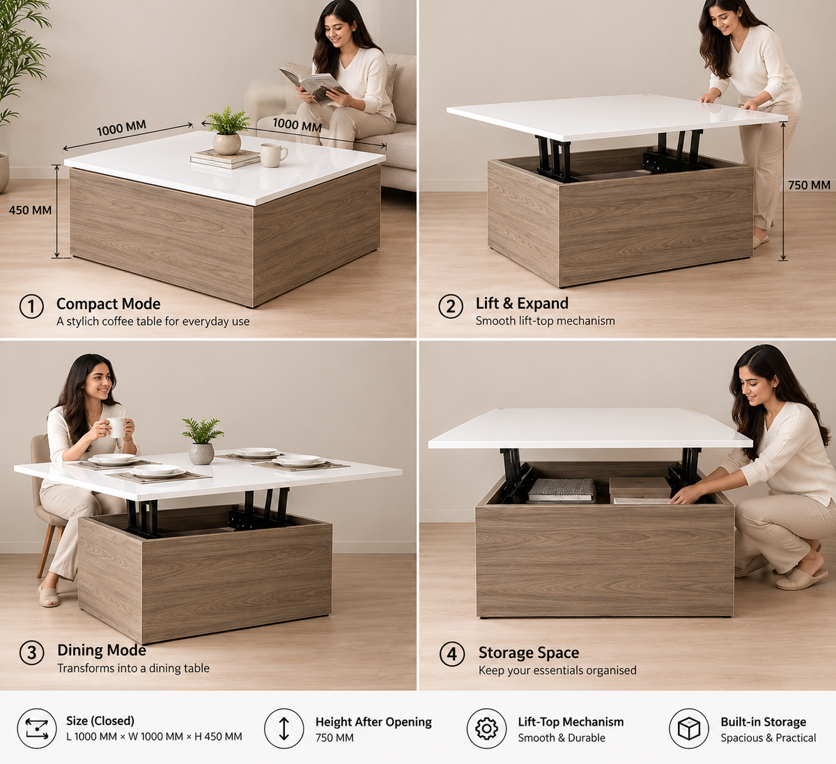 Lift-top wooden coffee table with storage by Right Work Interior – view 1