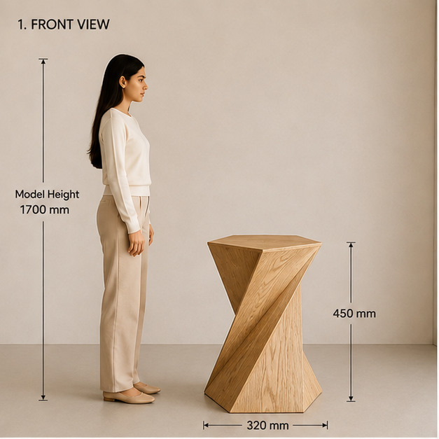 Twist oak sculptural geometric wooden side table by Right Work Interior – view 1