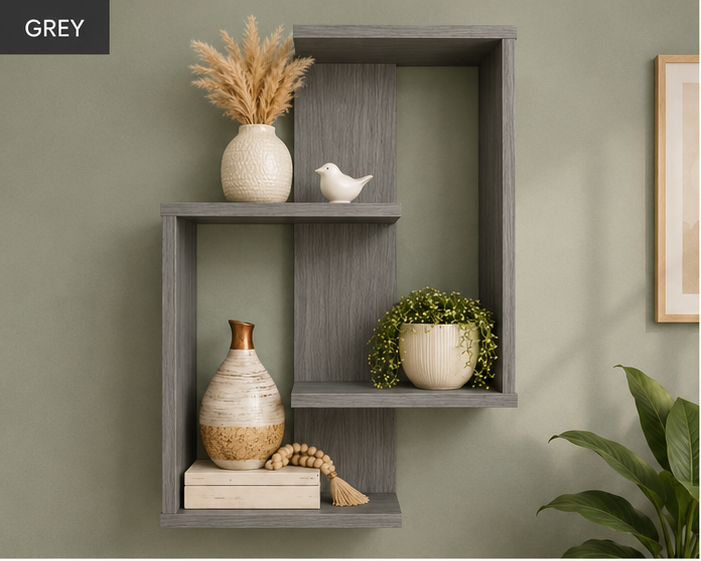 Geometric wooden wall mounted floating display shelf by Right Work Interior – view 4