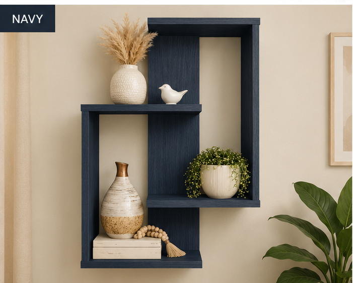 Geometric wooden wall mounted floating display shelf by Right Work Interior – view 7