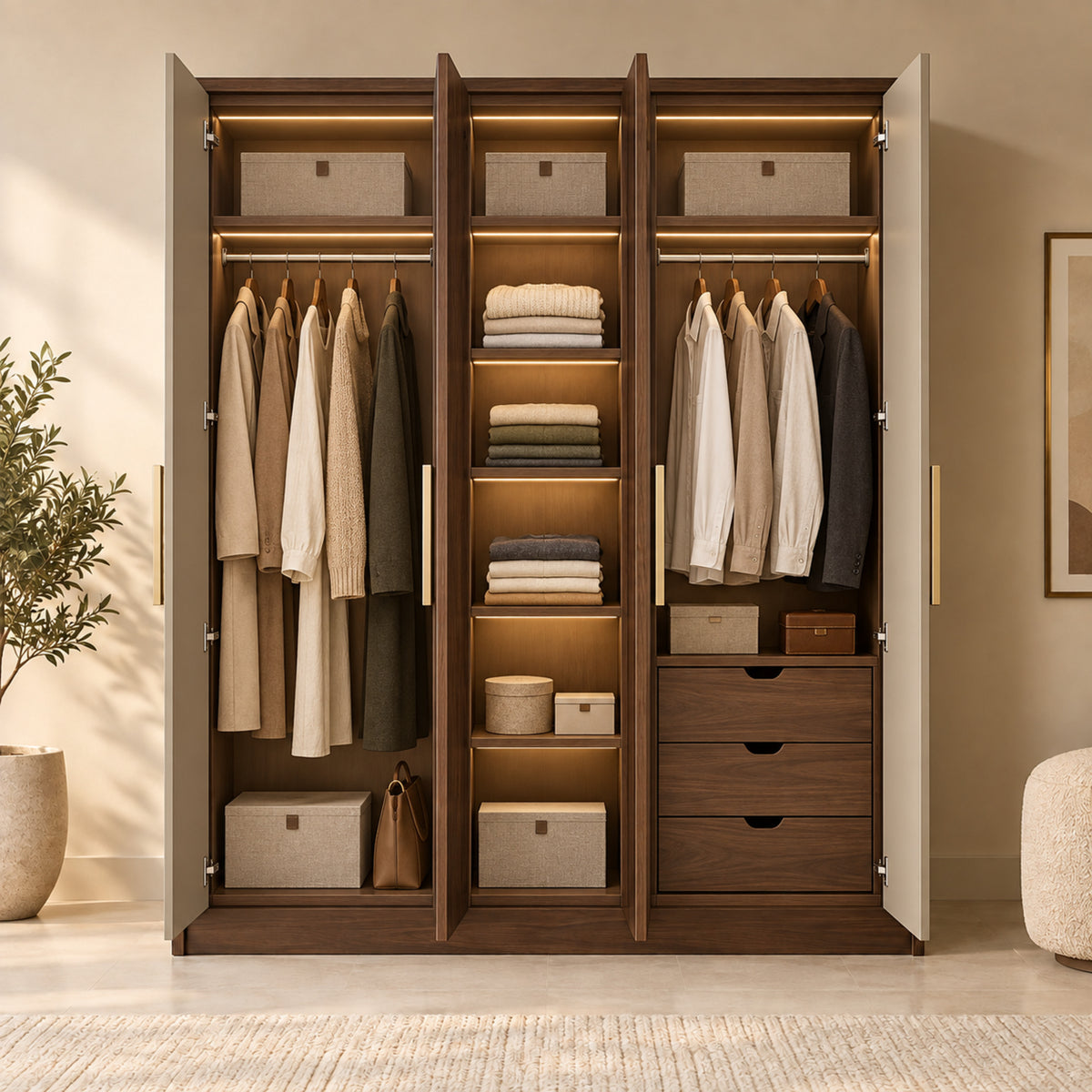 Aspen three-door hinged wardrobe open internal storage with hanging sections shelves and drawers