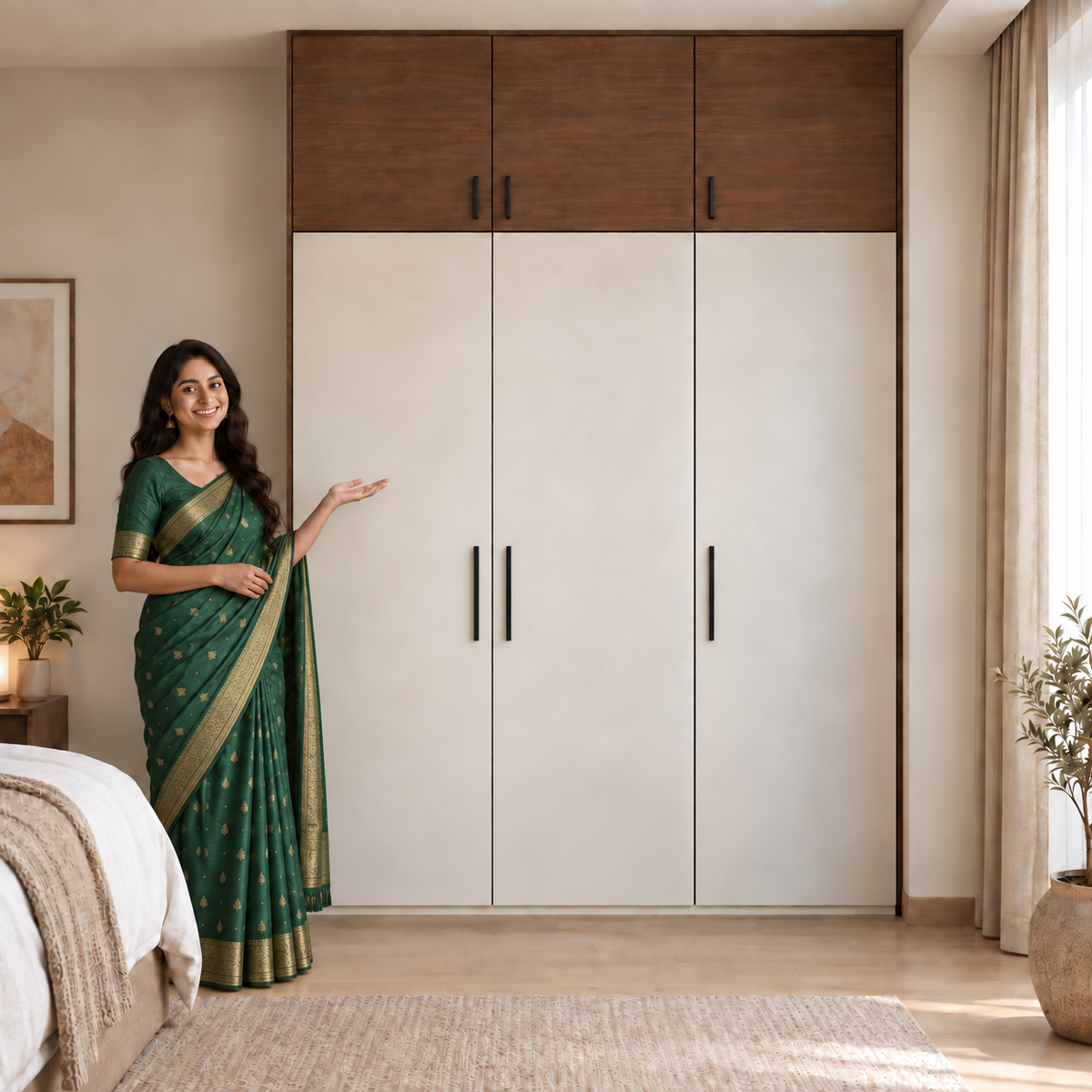 Belmont floor-to-ceiling wardrobe closed view with model in emerald saree