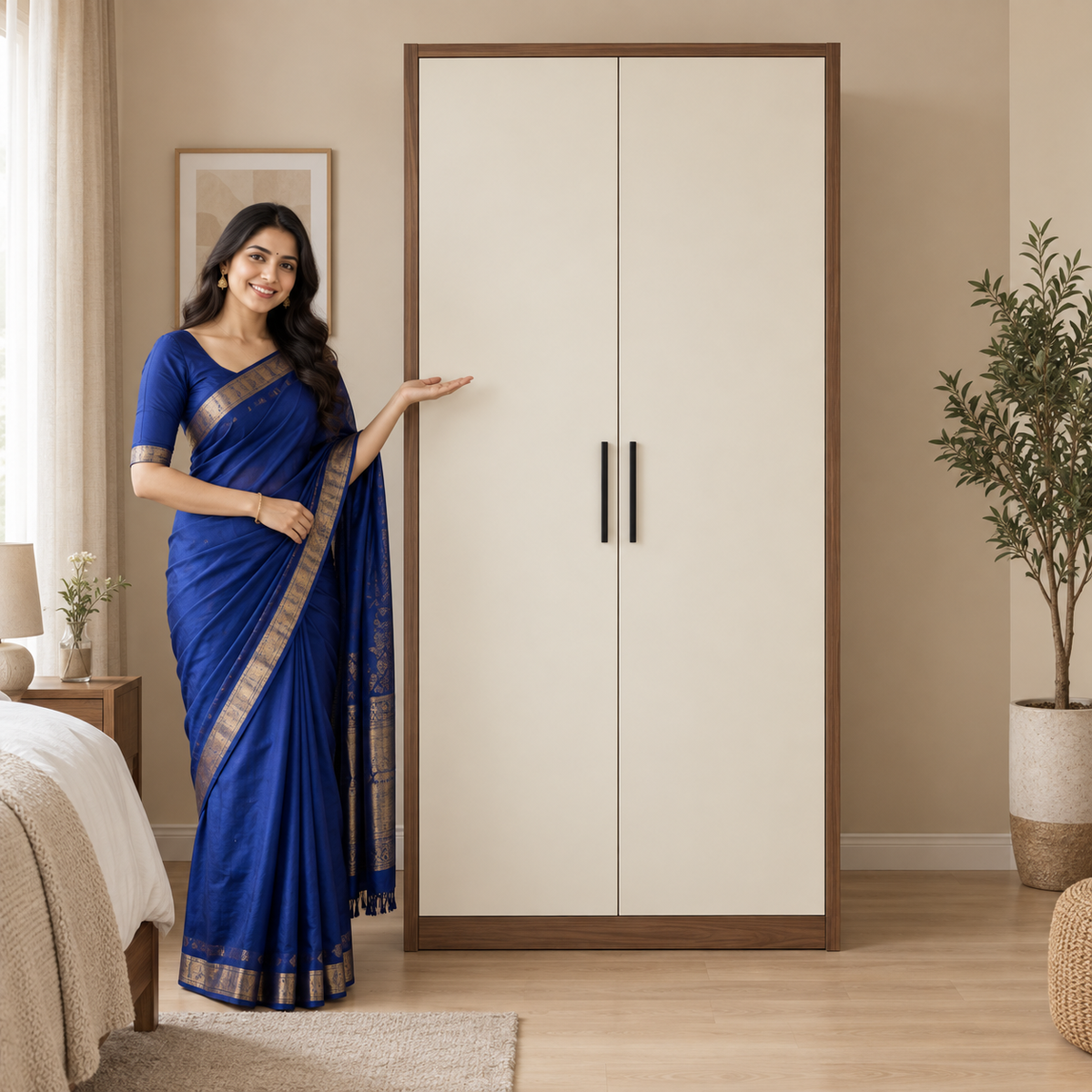 Bristol 2-door wardrobe closed view with model in blue saree