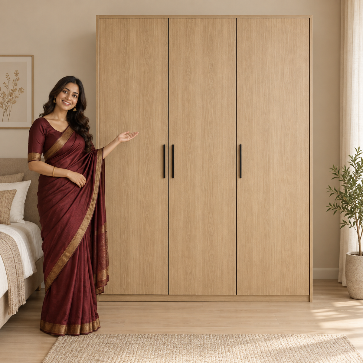 Camden 3-door wardrobe closed view with model in maroon saree