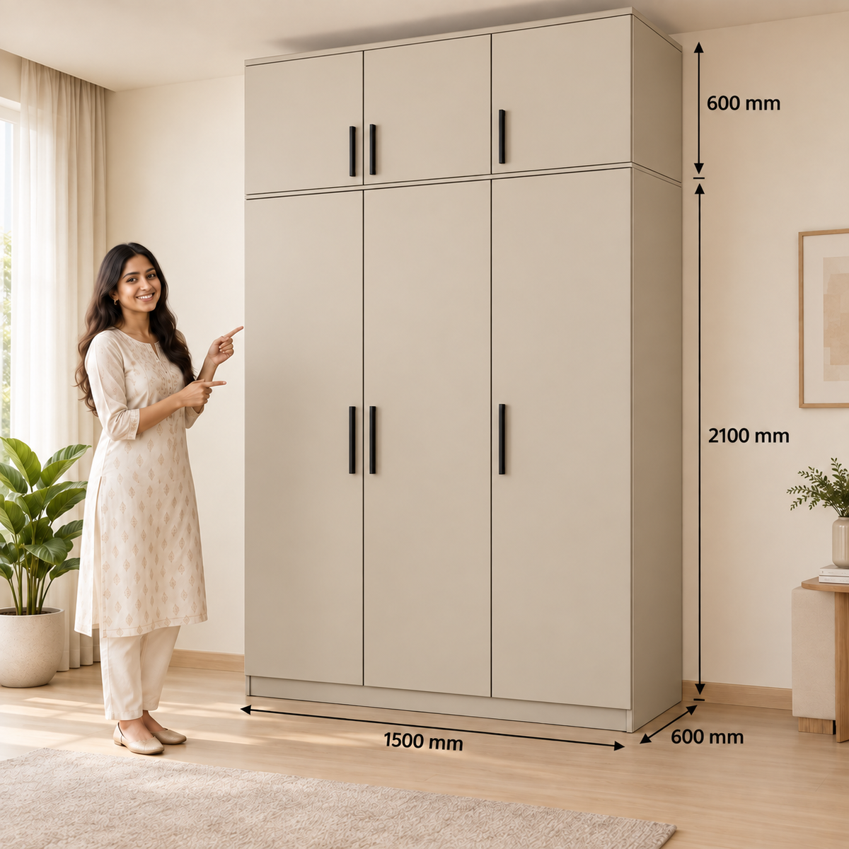 Champagne Beige 3 door wardrobe with loft - dimensions, 3 doors and 3 handles