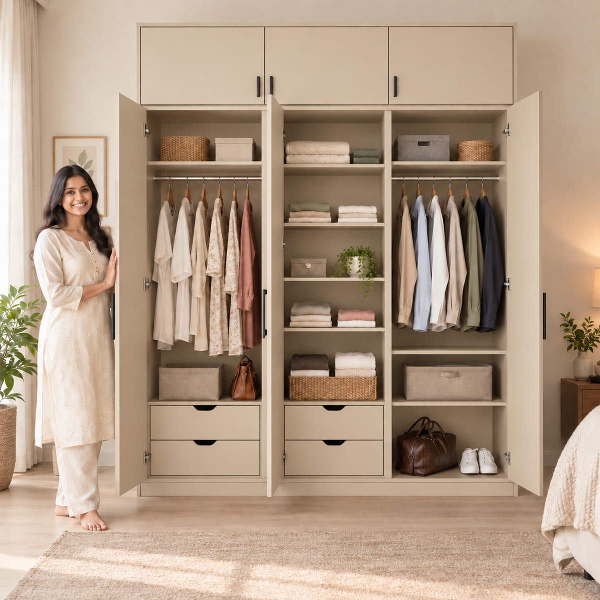 Champagne Beige 3 door wardrobe with loft - exactly 3 open doors and 3 internal sections