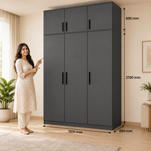 Charcoal Grey 3 door wardrobe with loft - dimensions, 3 doors and 3 handles