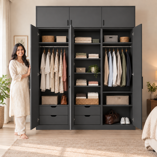 Charcoal Grey 3 door wardrobe with loft - exactly 3 open doors and 3 internal sections