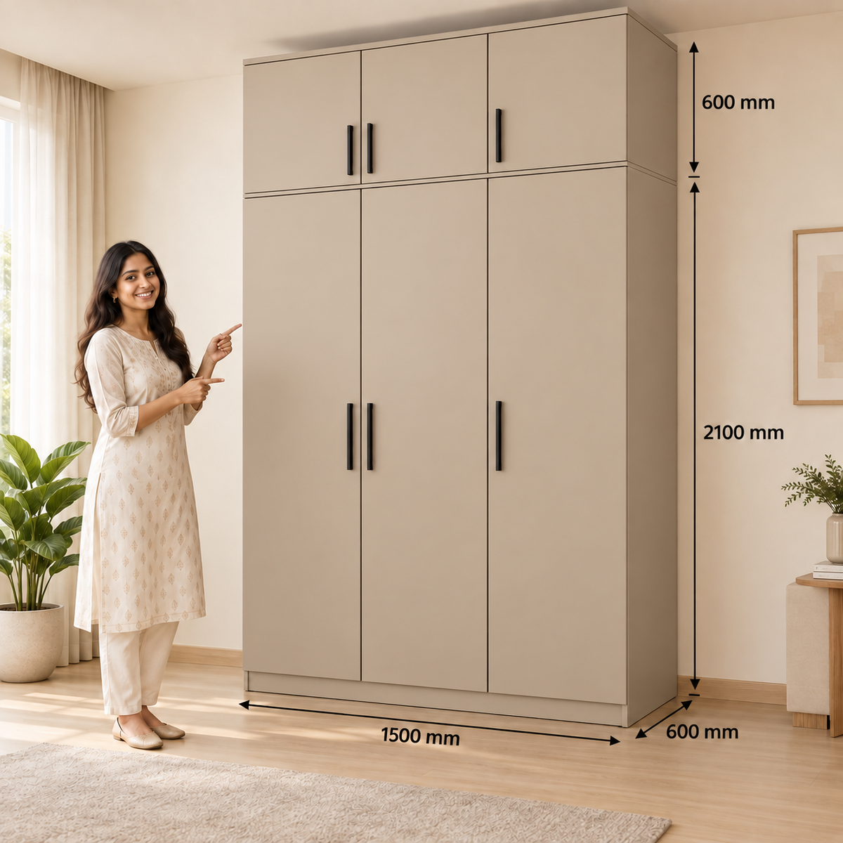 Clay Beige 3 door wardrobe with loft - dimensions, 3 doors and 3 handles
