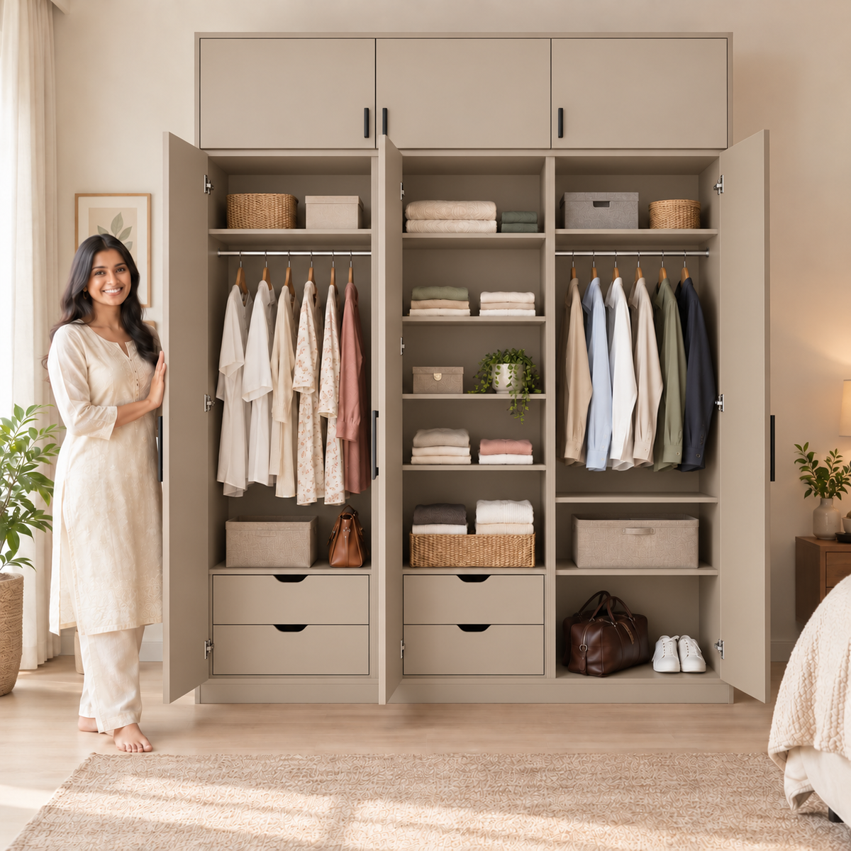 Clay Beige 3 door wardrobe with loft - exactly 3 open doors and 3 internal sections