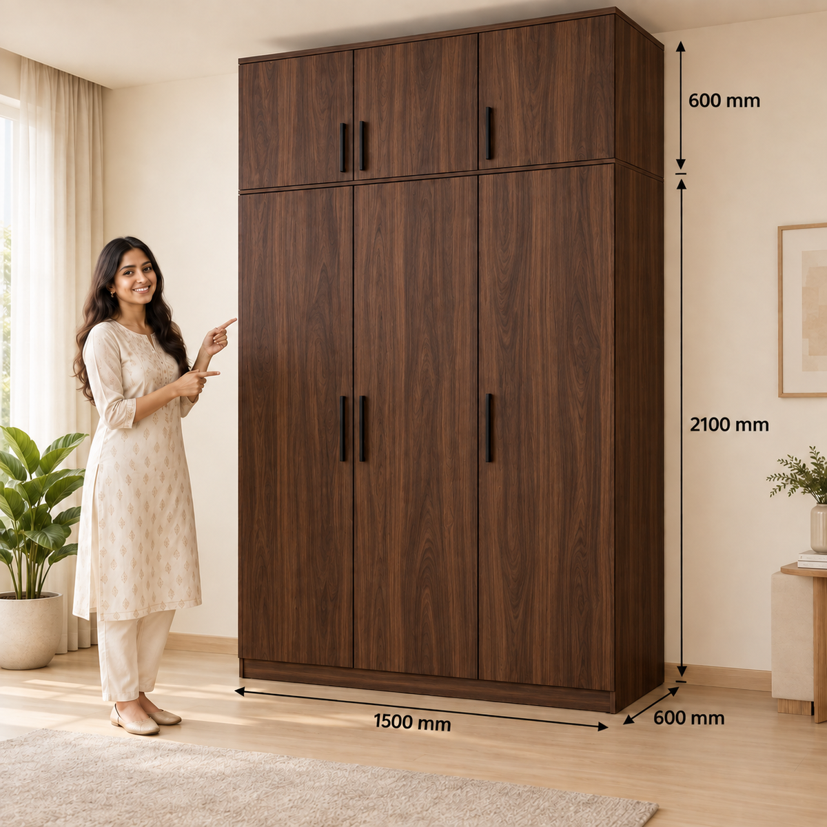 Dark Walnut 3 door wardrobe with loft - dimensions, 3 doors and 3 handles