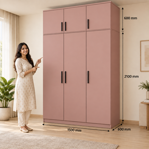 Dusty Rose 3 door wardrobe with loft - dimensions, 3 doors and 3 handles