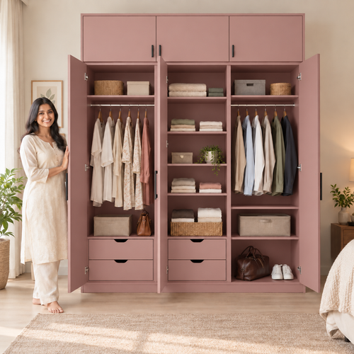 Dusty Rose 3 door wardrobe with loft - exactly 3 open doors and 3 internal sections