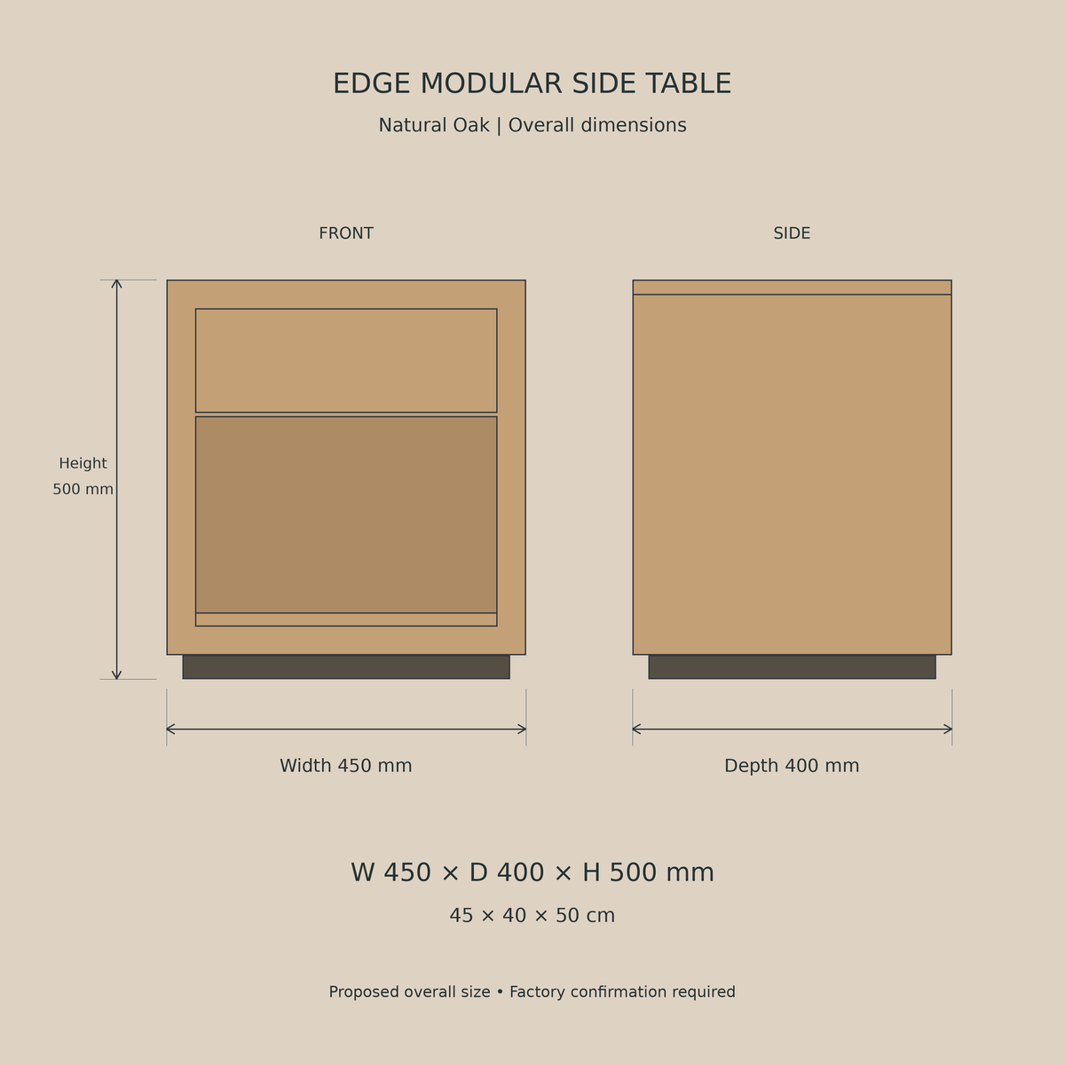 Right Work Edge oak side table - dimensions W450 D400 H500 mm