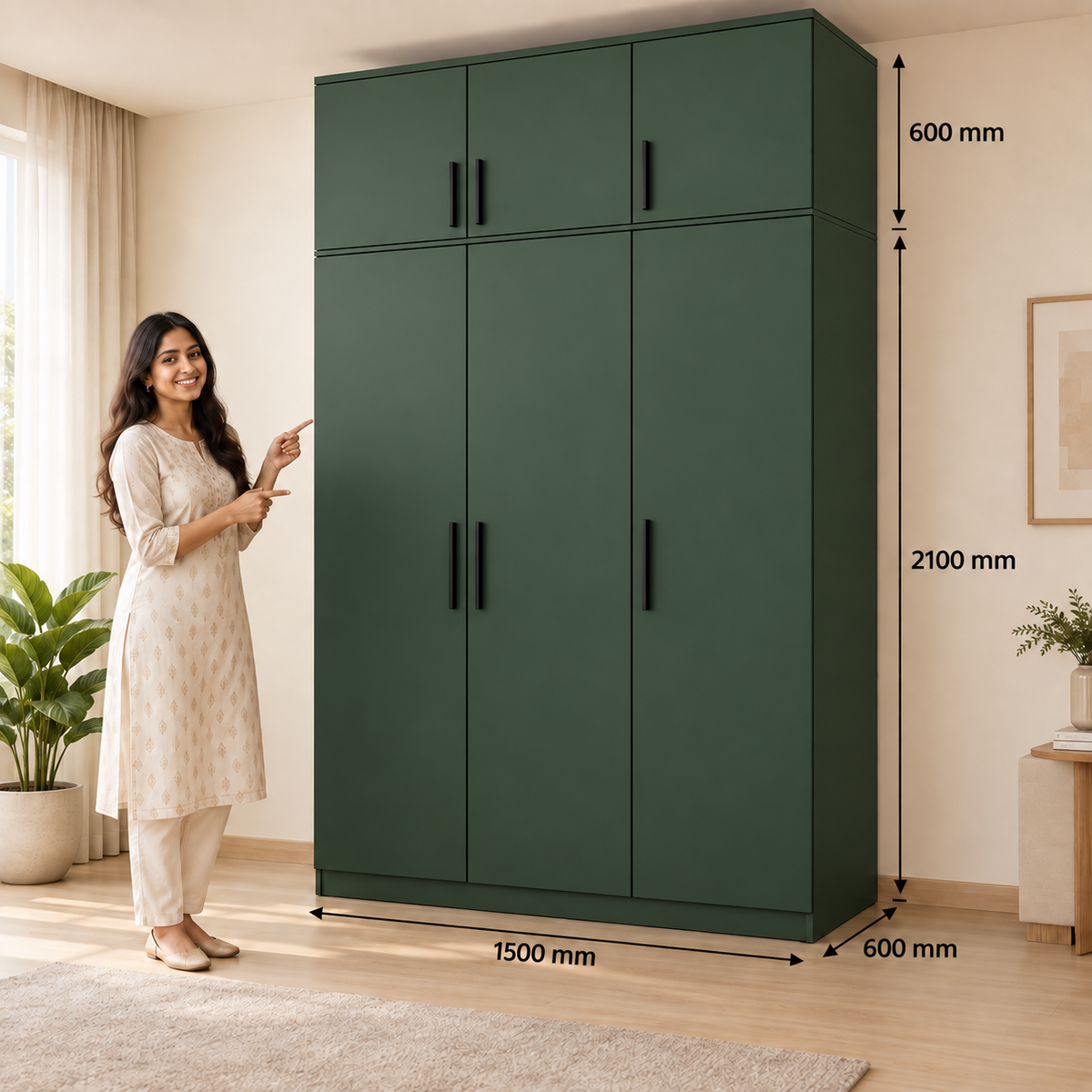 Forest Green 3 door wardrobe with loft - dimensions, 3 doors and 3 handles