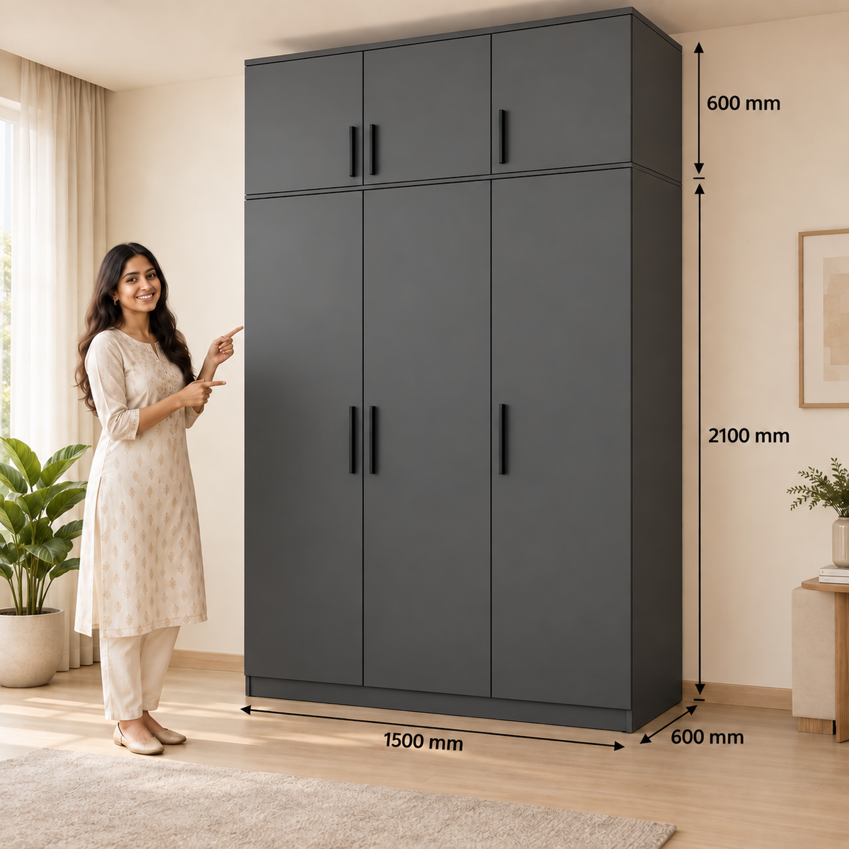 Graphite Grey 3 door wardrobe with loft - dimensions, 3 doors and 3 handles