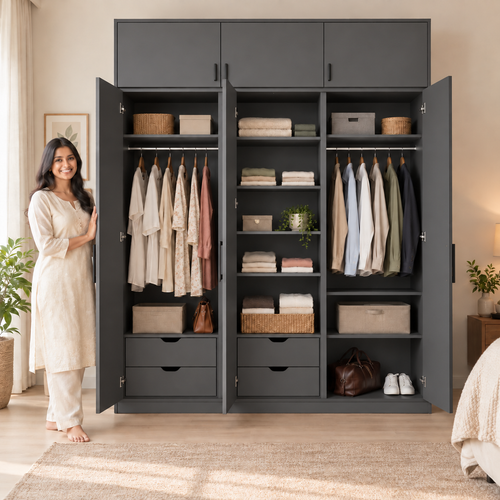 Graphite Grey 3 door wardrobe with loft - exactly 3 open doors and 3 internal sections