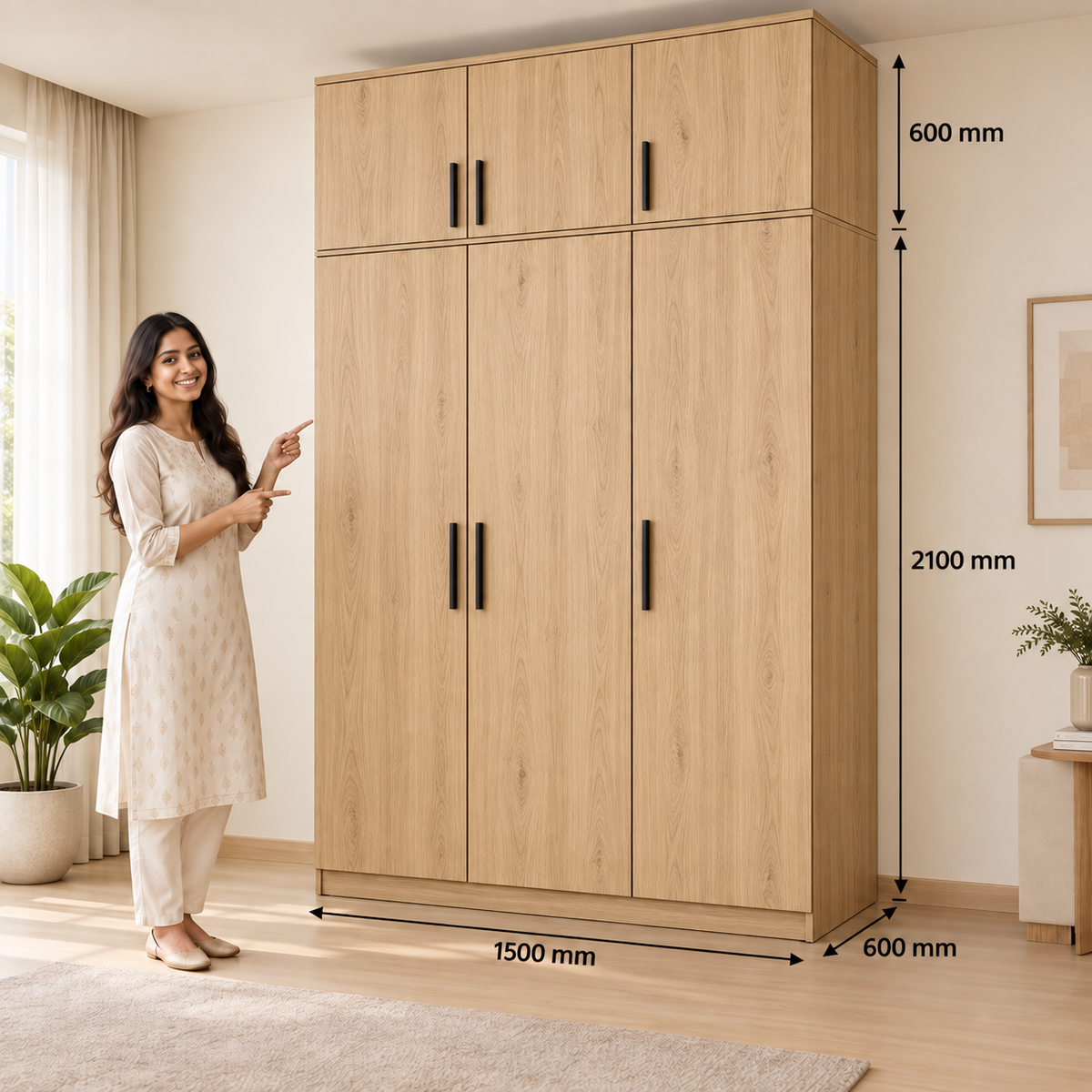 Light Oak 3 door wardrobe with loft - dimensions, 3 doors and 3 handles