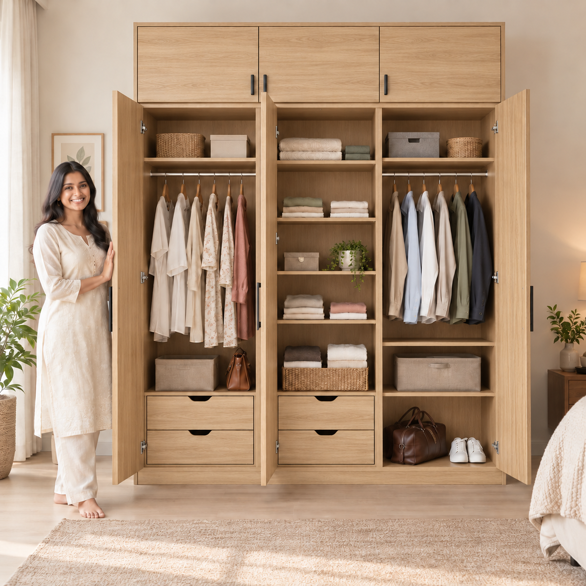 Light Oak 3 door wardrobe with loft - exactly 3 open doors and 3 internal sections