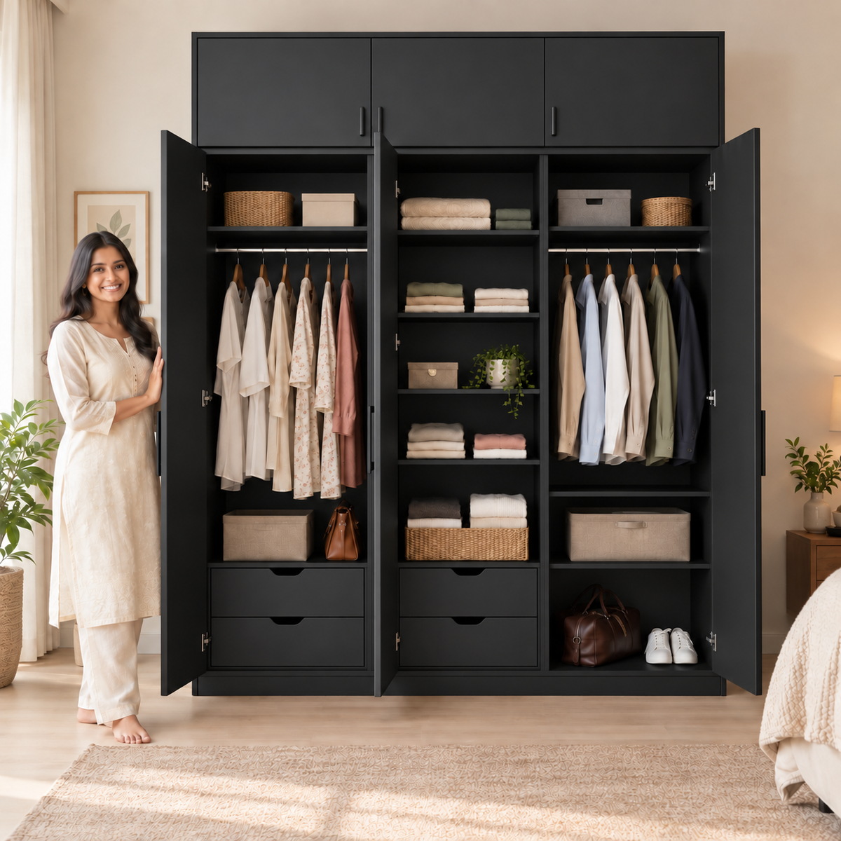 Matte Black 3 door wardrobe with loft - exactly 3 open doors and 3 internal sections