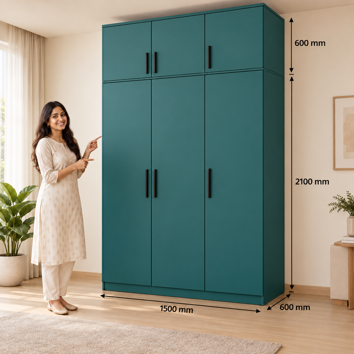 Matte Teal 3 door wardrobe with loft - dimensions, 3 doors and 3 handles