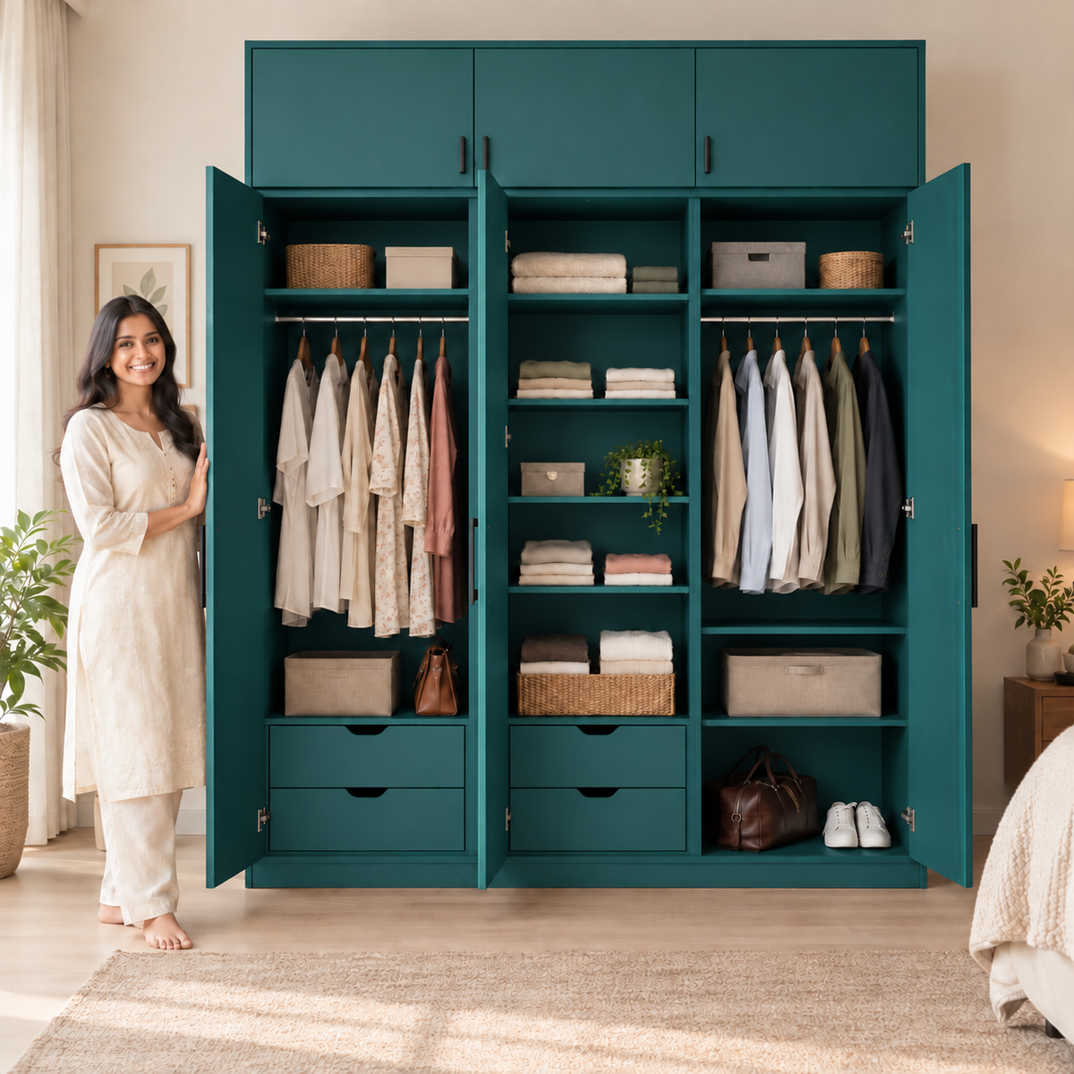 Matte Teal 3 door wardrobe with loft - exactly 3 open doors and 3 internal sections