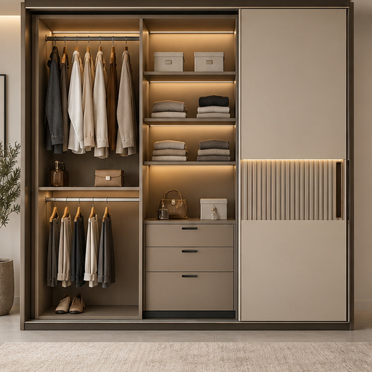 Milano sliding wardrobe open internal view with hanging space shelves drawers and warm lighting