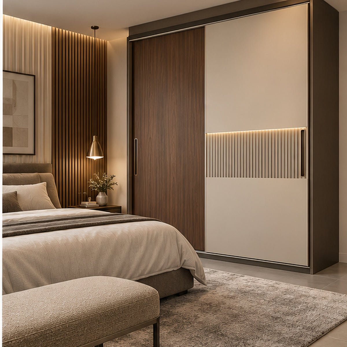 Milano sliding wardrobe styled in a premium contemporary Bangalore bedroom