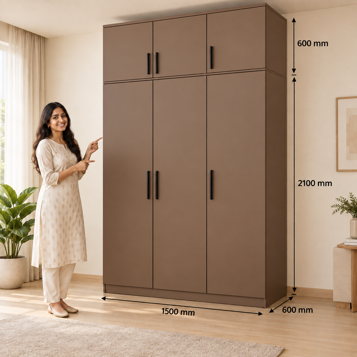 Mocha 3 door wardrobe with loft - dimensions, 3 doors and 3 handles