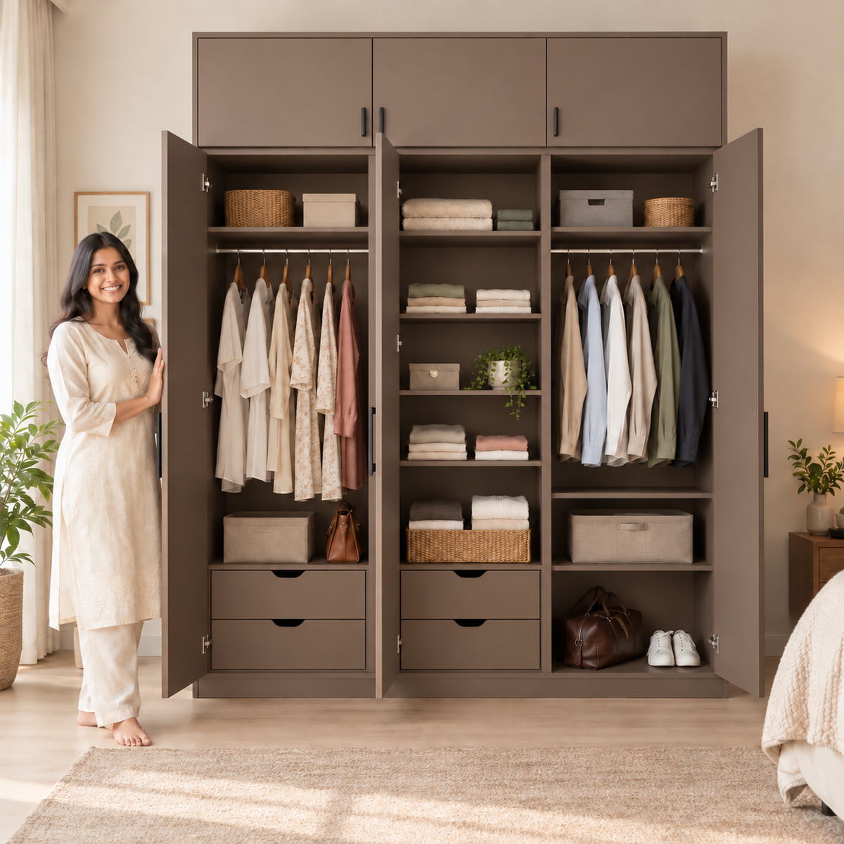 Mocha 3 door wardrobe with loft - exactly 3 open doors and 3 internal sections