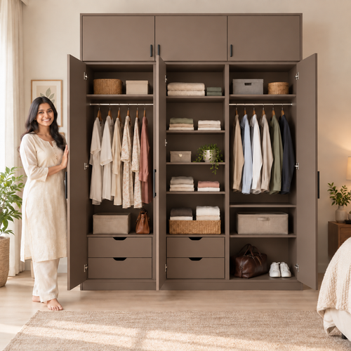 Mocha 3 door wardrobe with loft - exactly 3 open doors and 3 internal sections
