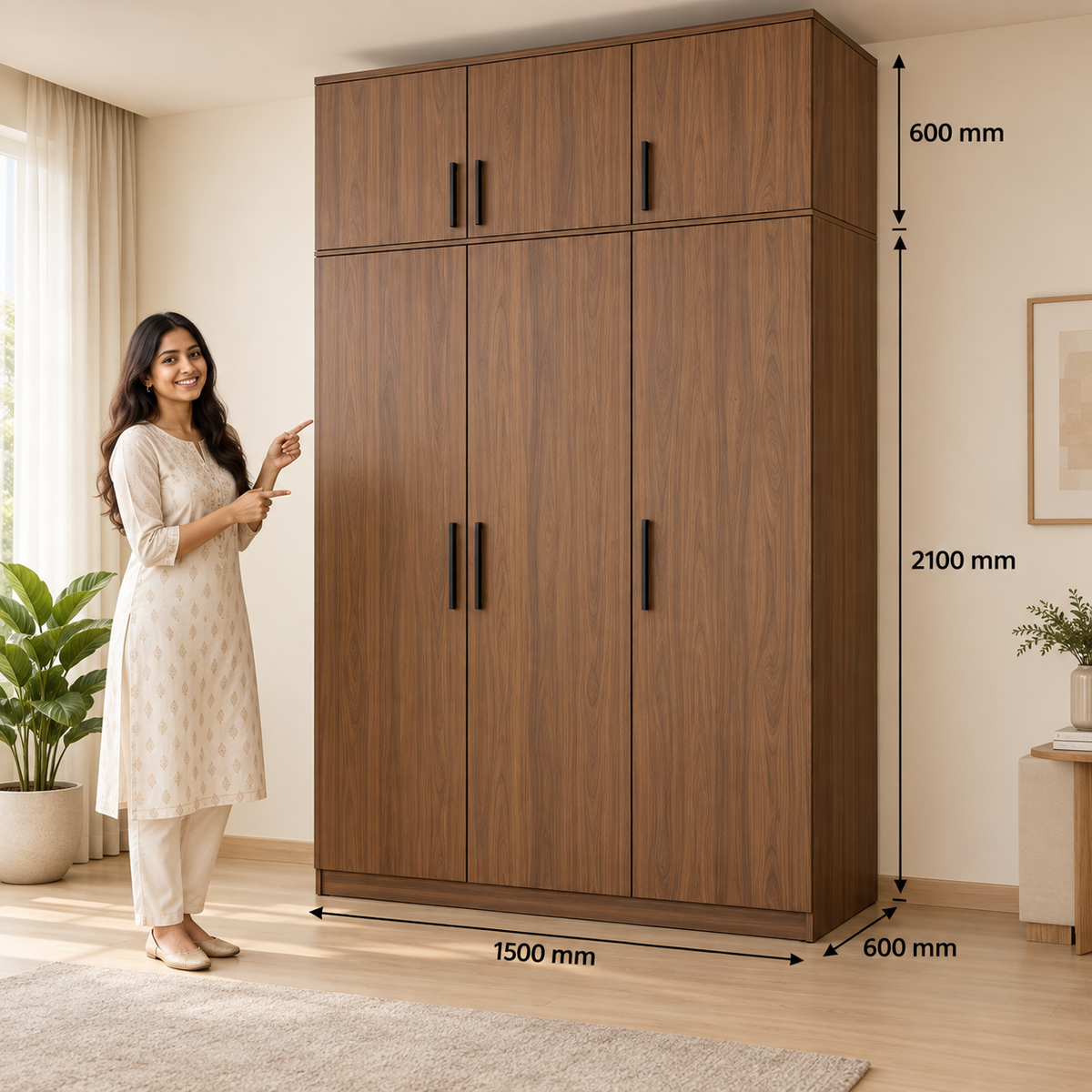 Natural Walnut 3 door wardrobe with loft - dimensions
