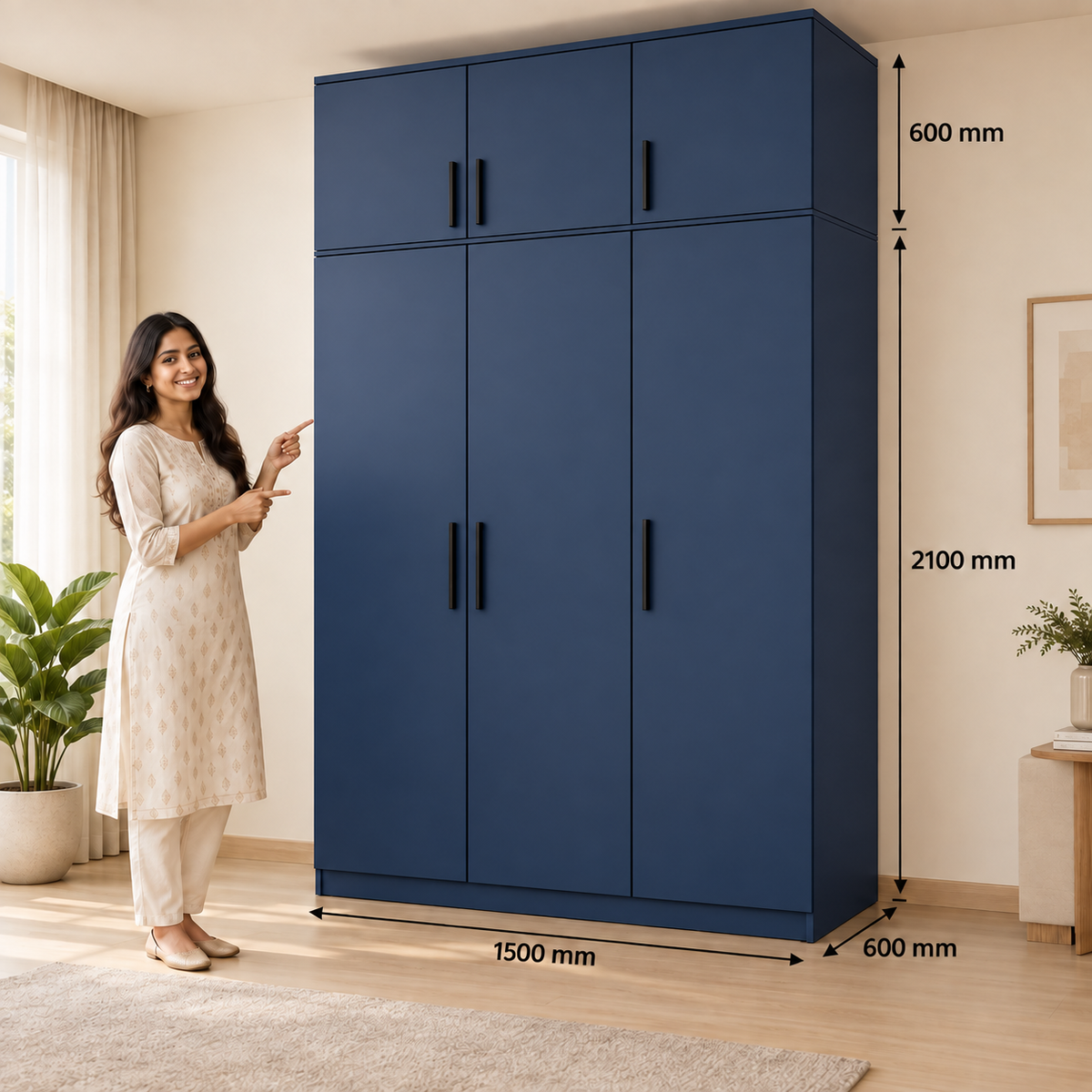 Navy Blue 3 door wardrobe with loft - dimensions, 3 doors and 3 handles