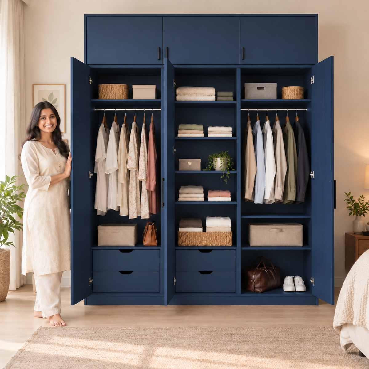 Navy Blue 3 door wardrobe with loft - exactly 3 open doors and 3 internal sections