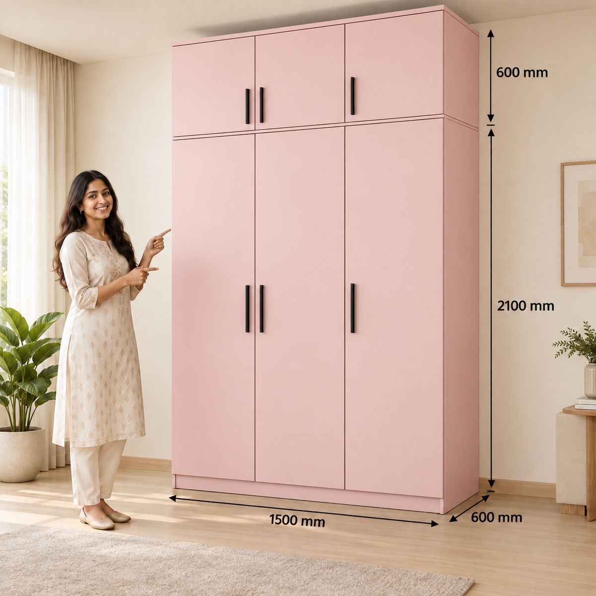 Pastel Blush 3 door wardrobe with loft - dimensions, 3 doors and 3 handles