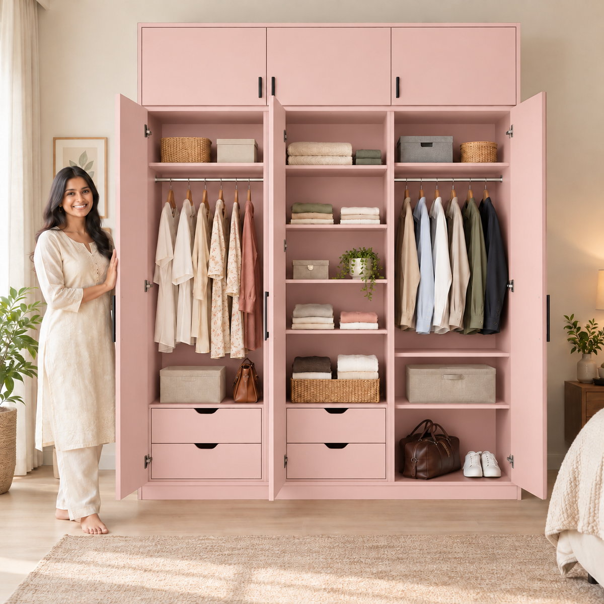 Pastel Blush 3 door wardrobe with loft - exactly 3 open doors and 3 internal sections