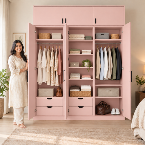 Pastel Blush 3 door wardrobe with loft - exactly 3 open doors and 3 internal sections