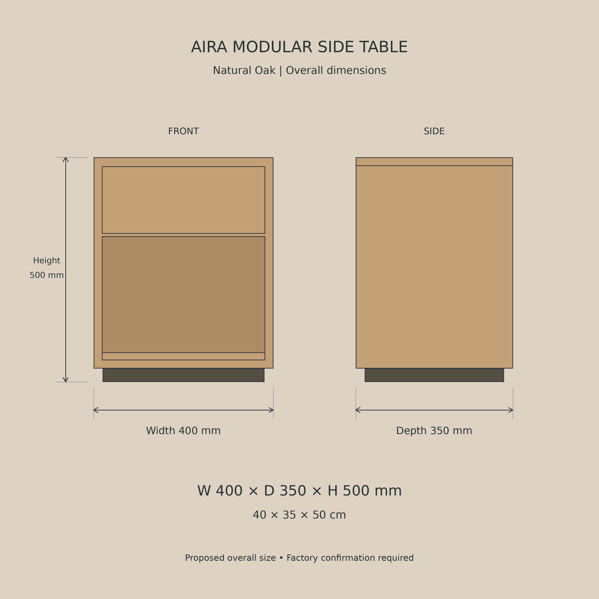 Aira Natural Oak — width 400 mm, depth 350 mm, height 500 mm — beige measurement diagram