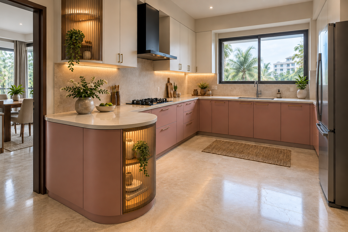 Second angle of the rose L-shaped kitchen and curved glass cabinetry