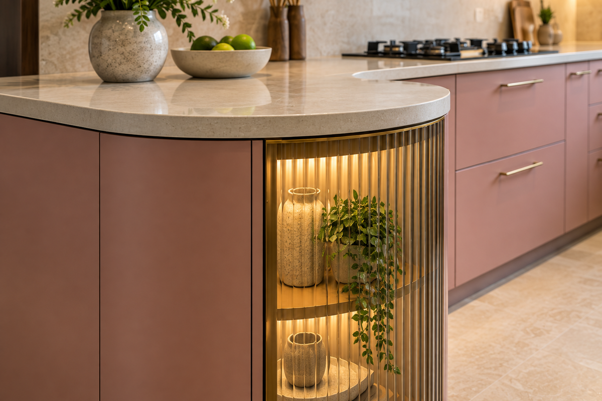 Curved reeded glass cabinet with brass trim and rounded quartz edge