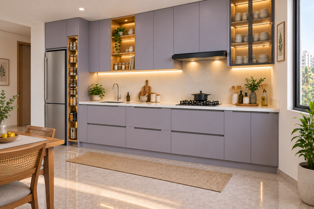 Second angle of Aster Straight modular kitchen in Lavender Grey & Oak