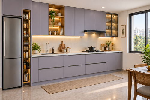 Aster Straight modular kitchen in Lavender Grey & Oak by Right Work Interior Bangalore