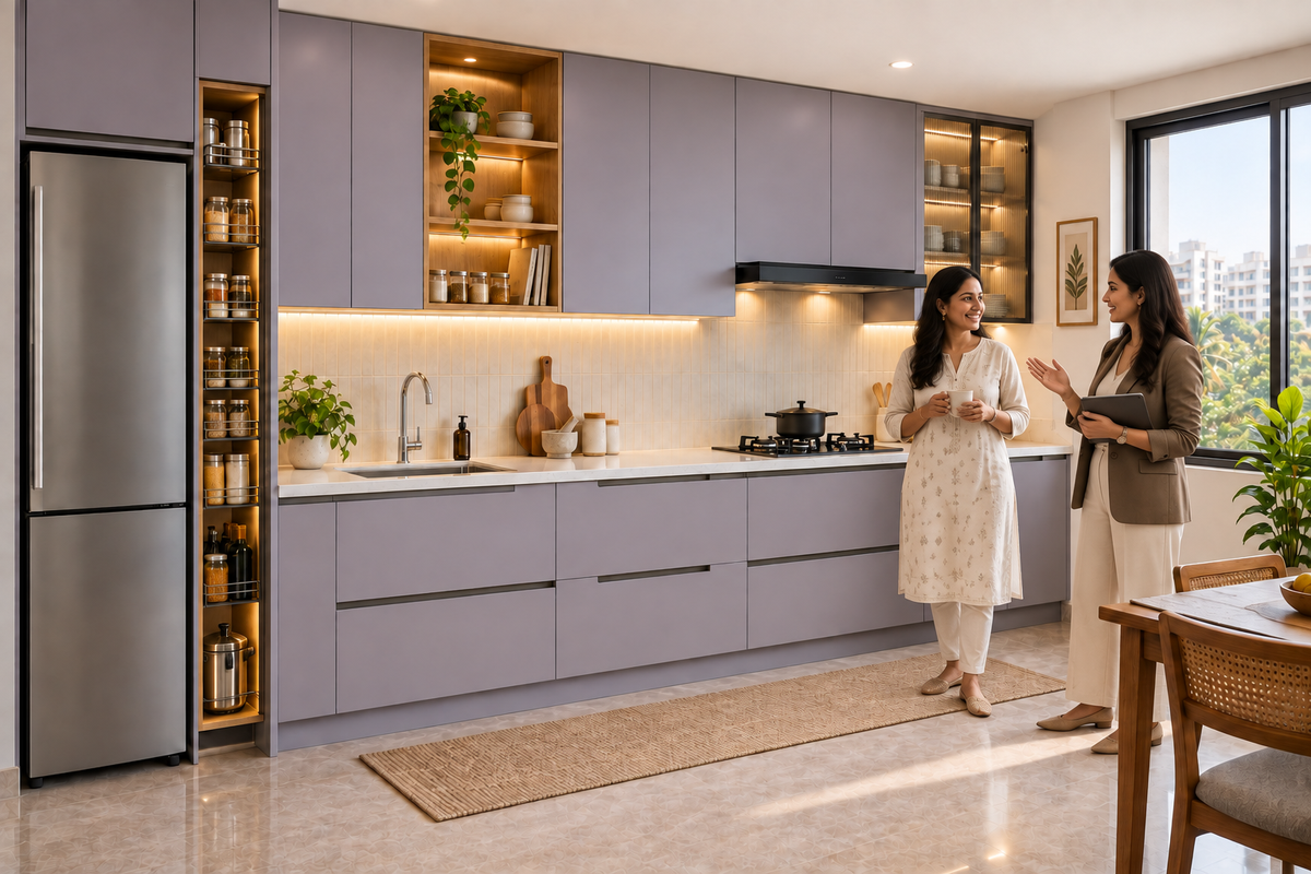 Indian homeowners with the Aster Straight modular kitchen in Lavender Grey & Oak