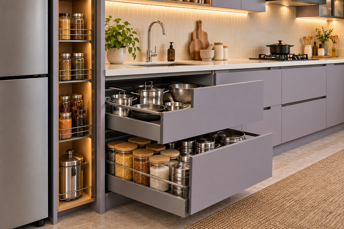 Cabinet and storage detail in Aster Straight modular kitchen